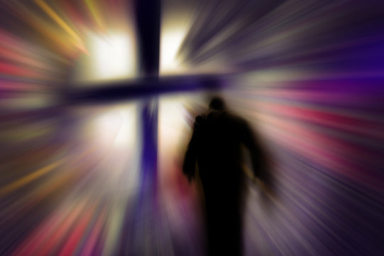 Man Walking From The Darkness Towards The Cross Of Light. Modern Abstract Artistic Illustrations, Concept Of Death, Resurrection, Easter, Burden And Salvation.