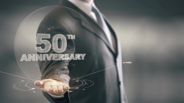 Fifty 50th Anniversary Businessman Holding in Hand New technologies