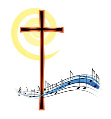 Musical notes with a cross, abstract religious christian music or hymn symbol and concept. - obrazy, fototapety, plakaty