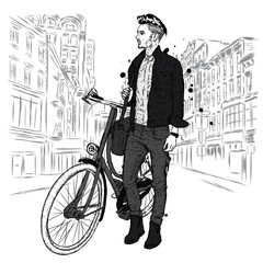A handsome guy in jeans and a jacket with a vintage bicycle on the city street. Hipster. Vector illustration.