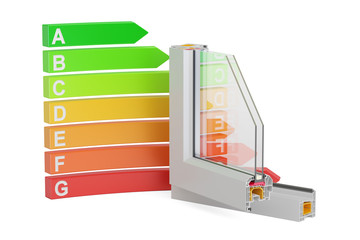 Energy efficiency graph with plastic windows profiles, 3D rendering