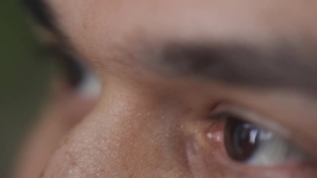 Male severe glance brown eyes focused forward looking and blinking. Caucasian male leads pupils and seldom blinks. Small eyelashes grow on the eyelid. Black man eyebrows grow thick, passing on the