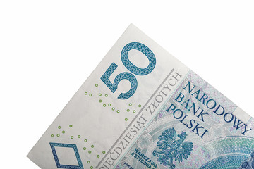 Polish money bill fifty zloty macro isolated on white