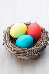 Easter eggs in the nest. Spring discount card.