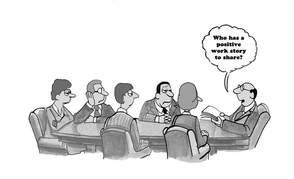 Business cartoon about uninvolved workers not having any positive work stories to share with their boss. 