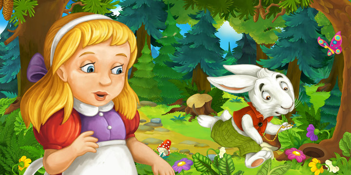 cartoon scene with young girl in the forest near the tree looking at running rabbit