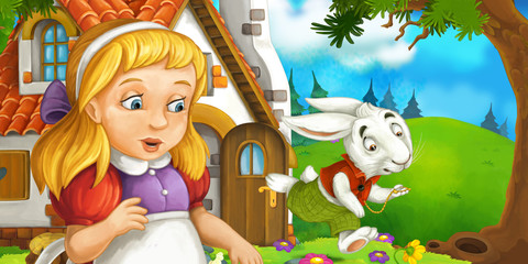 cartoon scene with young girl in the forest near the tree sneaking to cute house