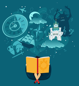 Girl reading a giant book, fantasy romantic images hovering over her head, EPS 8 vector illustration, no transparencies 