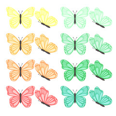 Collection of colored butterflies on a white background.