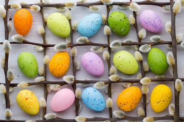 Easter and spring decoration, catkins and eggs.