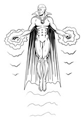 Super Hero Flying is an illustration of a super hero in cape and costume flying by means of power emanating from his hand and fist. Done in a comic book black and white style.