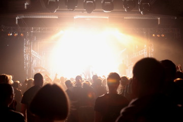 Bright scene lights. Crowd at concert.