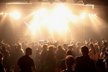Bright scene lights. Crowd at concert.