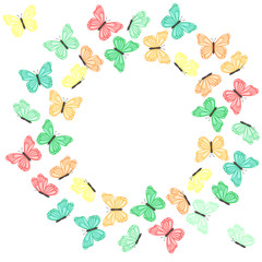 Wreath of colored butterflies on a white background.