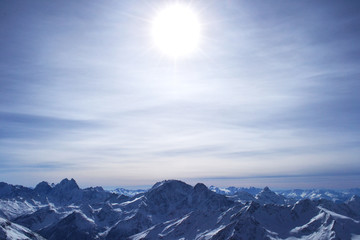beautiful winter mountains with blue sky, snowy peaks. amazing scenic nature landscape.