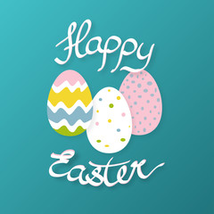 Happy Easter with eggs blue background