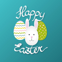 Happy Easter with rabbit and eggs blue background
