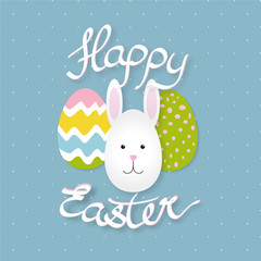 Happy Easter with rabbit and eggs blue dotted background