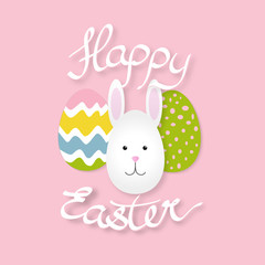 Happy Easter with rabbit and eggs pink background