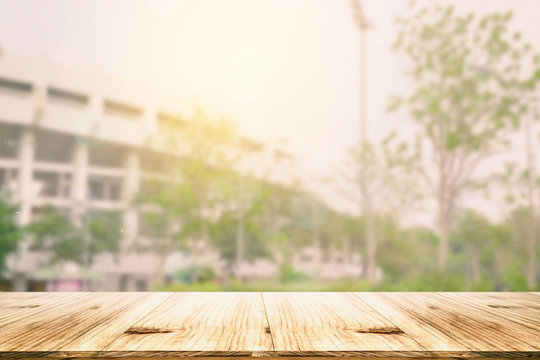 Wood Table Top On Blur Background Use For Background.