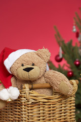 Teddy bear wearing Santa Claus hat in a basket