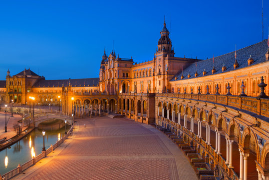 Spain Square in Maria Luisa Park at Dusk, Seville, Andalusia, Spain