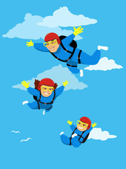 Family of three skydiving, vector illustration, no transparencies