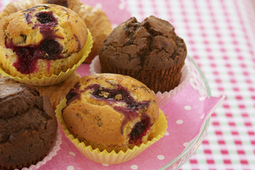 Chocolate and blueberry muffins, close-up