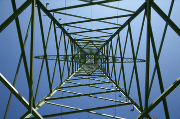 Low angle view inside a power line tower