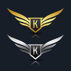 Wings Shield Letter K Logo Template 