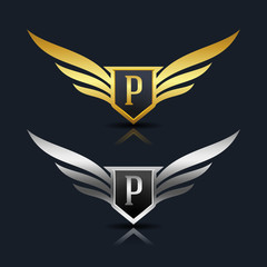 Wings Shield Letter P Logo Template 