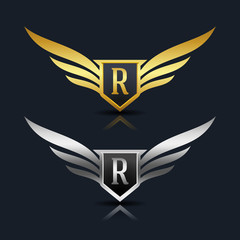 Wings Shield Letter R Logo Template 