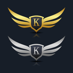 Wings Shield Letter K Logo Template 