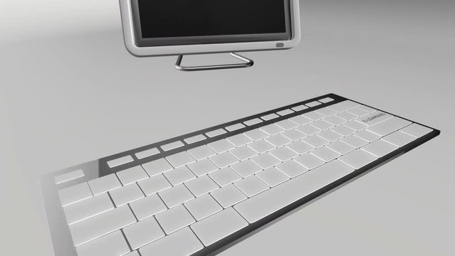 Seamless looping 3D animation of a computer keyboard with a e-learning key pressed blue and chrome version 