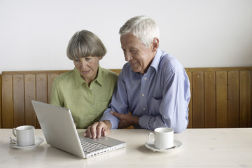 Senior adult couple sitting in front of a laptop