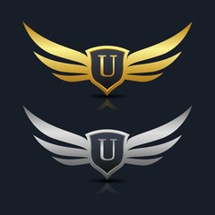 Wings Shield Letter U Logo Template 