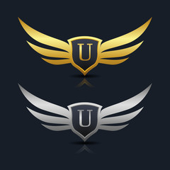 Wings Shield Letter U Logo Template 