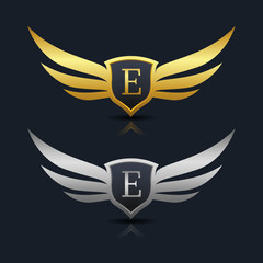 Wings Shield Letter E Logo Template 