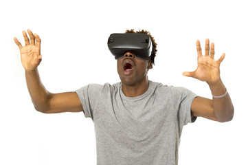 afro american man wearing virtual reality vr 360 vision goggles enjoying video game