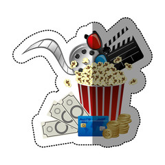 colorful sticker with popcorn cup with glasses 3D and clapper board and money and movie tickets in front vector illustration