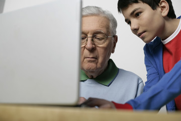 Grandfather and boy using a laptop, fully_released