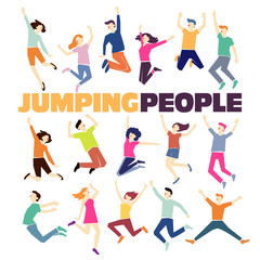 Group of young people jumping on white background