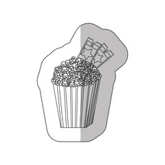 grayscale contour sticker of popcorn container with movie tickets inside vector illustration