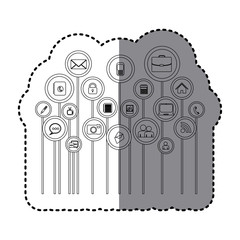 grayscale sticker with tech icons online vector illustration