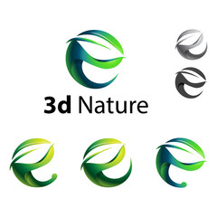 3D Green Leaf in E Letter Shape Logo Template