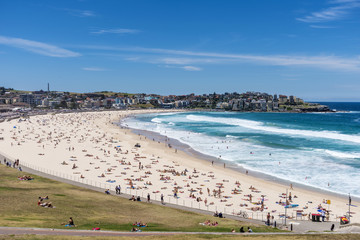 Sydney Australia, Bondi Beach south whole beach Ben Buckler point background. Copyspace.