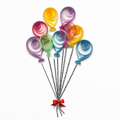 Happy Birthday / Creative concept photo of quilling balloons made of paper on white background.