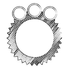 monochrome sketch of circular speech with sawtooth contour and three circles in top side vector illustration