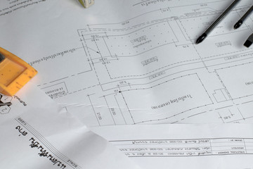 architectural plans project drawing with blueprints rolls