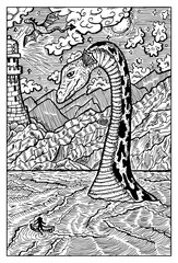 Loch Ness Lake Monster Nessie. Engraved fantasy illustration. See all collection in my portfolio